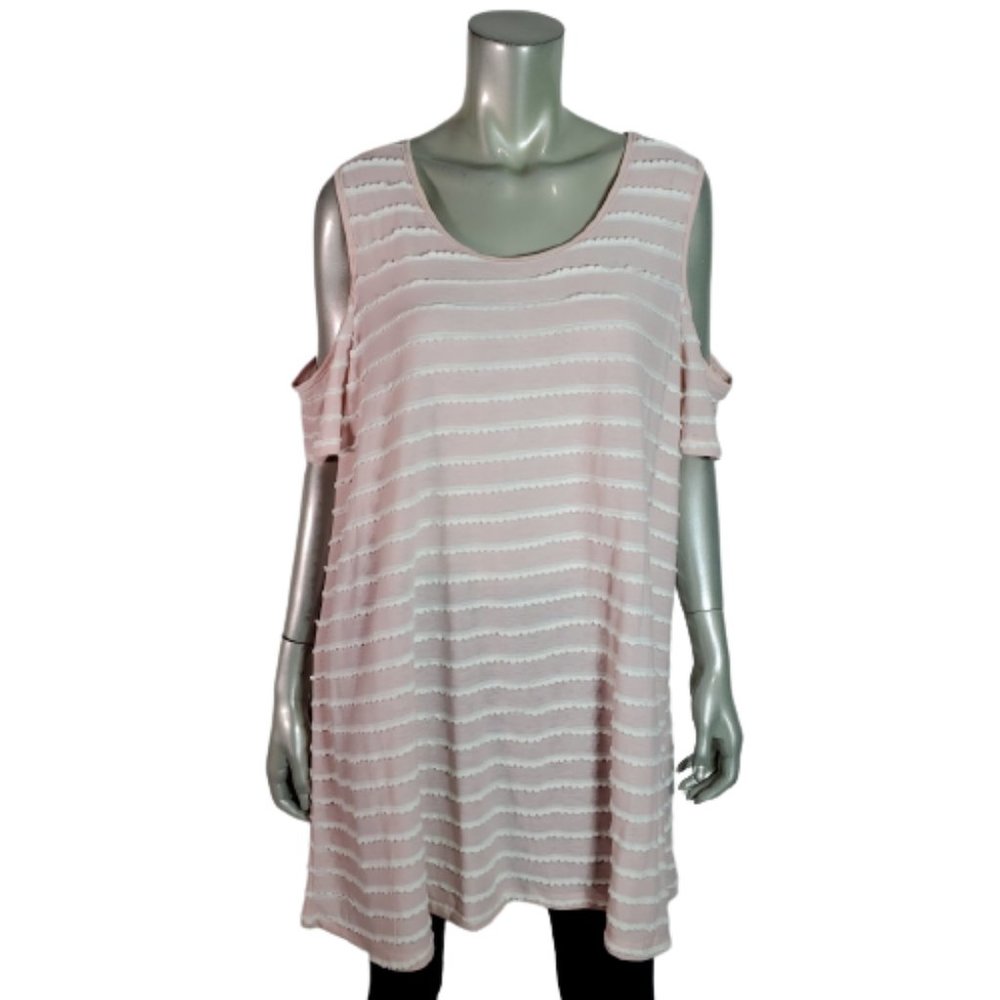 Avenue Womens Top Plus Size 18/20 Tunic Cold Shoulder Stretch Striped Pink